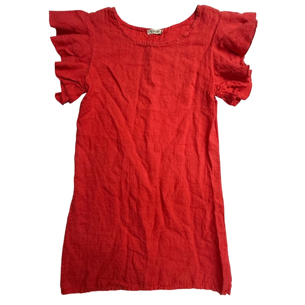 Lungo L'Arno Italy Linen Dress Small Coral Red Ruffle Sleeve Shift Dress Coastal